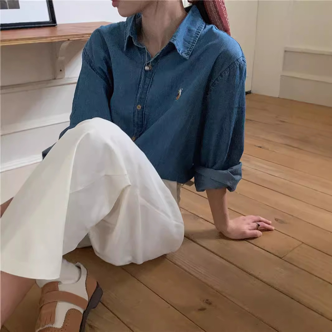 리얼 샷 2024 간단한 클래식 포니 자수 폴로 칼라 워시 워터 데님 긴 소매 셔츠의 한국어 버전