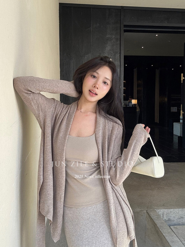 秋装套装女装温柔风绑带针织开衫外套带胸垫背心包臀半身裙长裙子|undefined