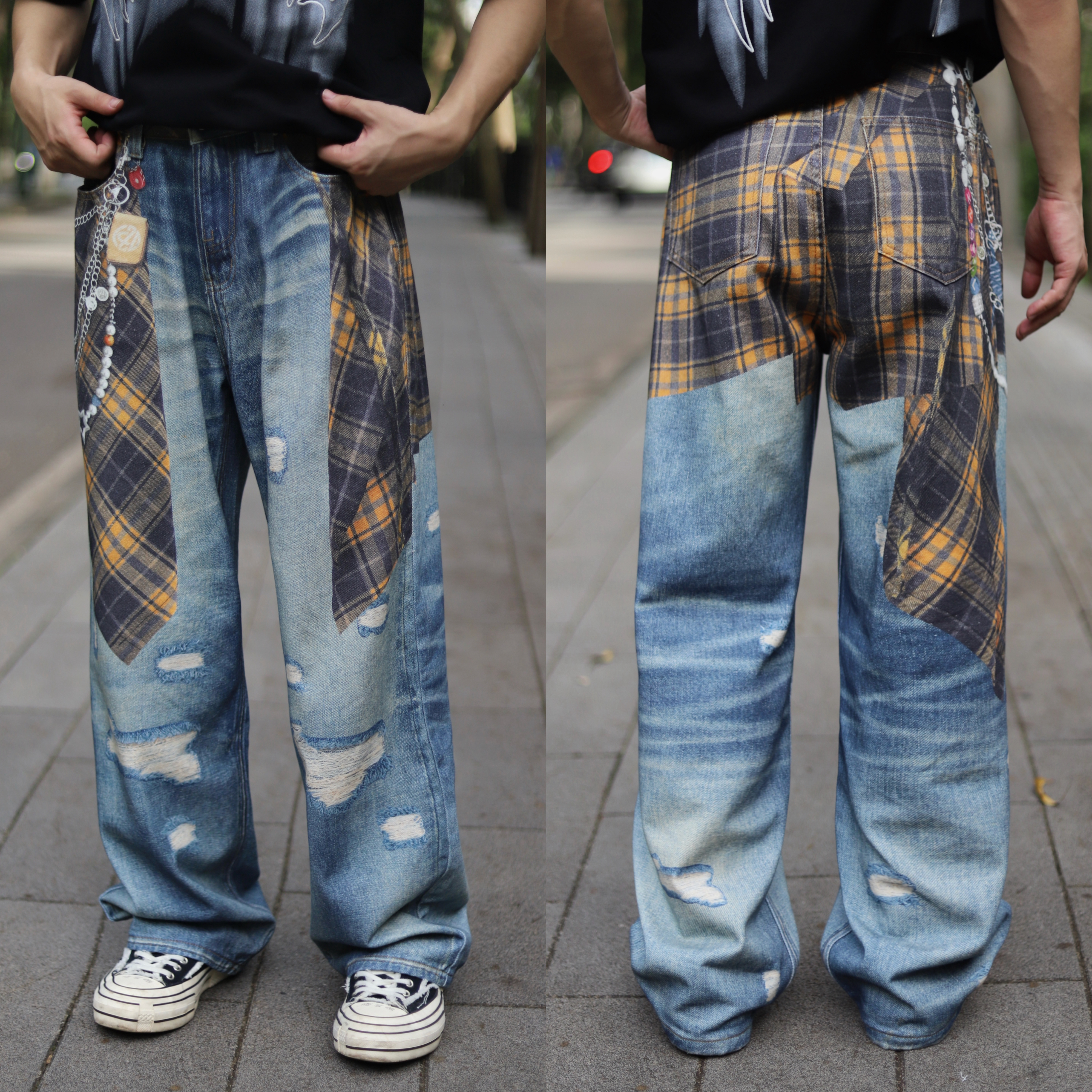 Herrenbekleidung Retro Patchwork 3D Design Karohemd Bedruckte Jeans Amerikanischer Trend Freizeithose mit geradem Bein Lockere Passform Für Männer und Frauen_voghion.com