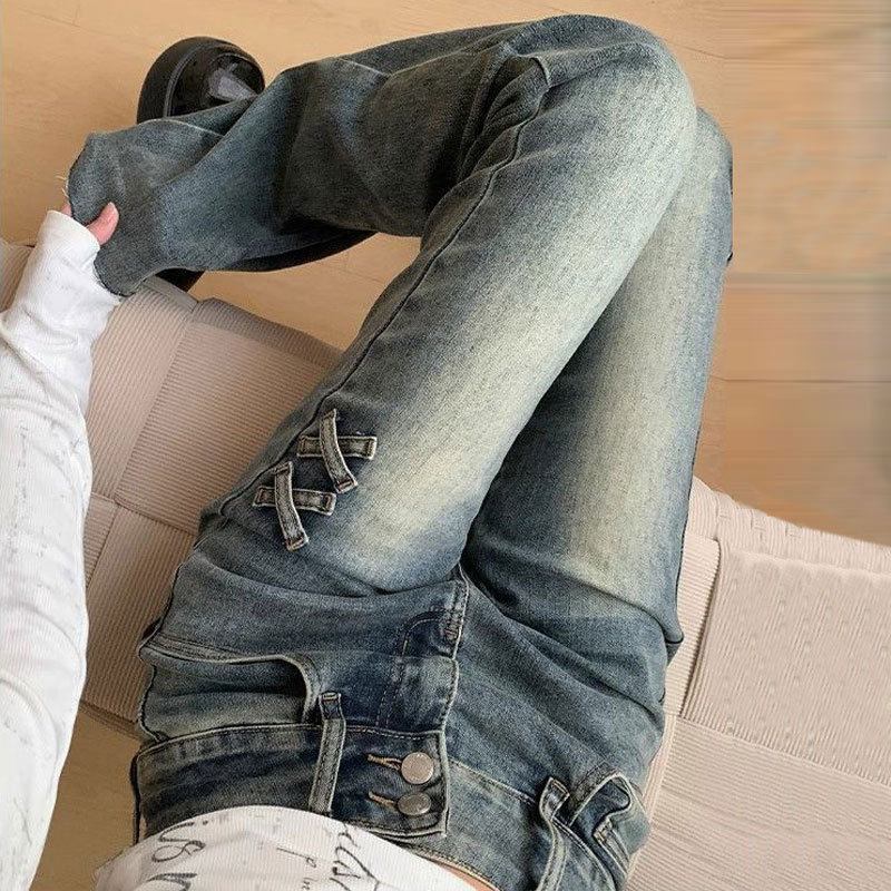 American Retro Double-Button Jeans for Women, Plus Size, Slim Fit, High Waist, Straight Leg, Stretchy, Bootcut, Long Pants