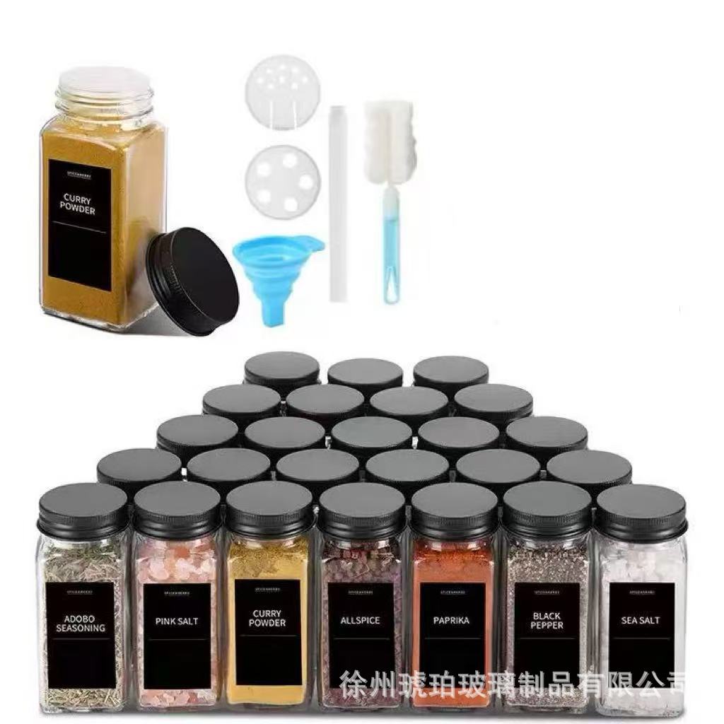 Transfronterizos transparentes cuadrados negros de aluminio botella de condimento de vidrio set 12 piezas set cocina almacenamiento condimento frasco