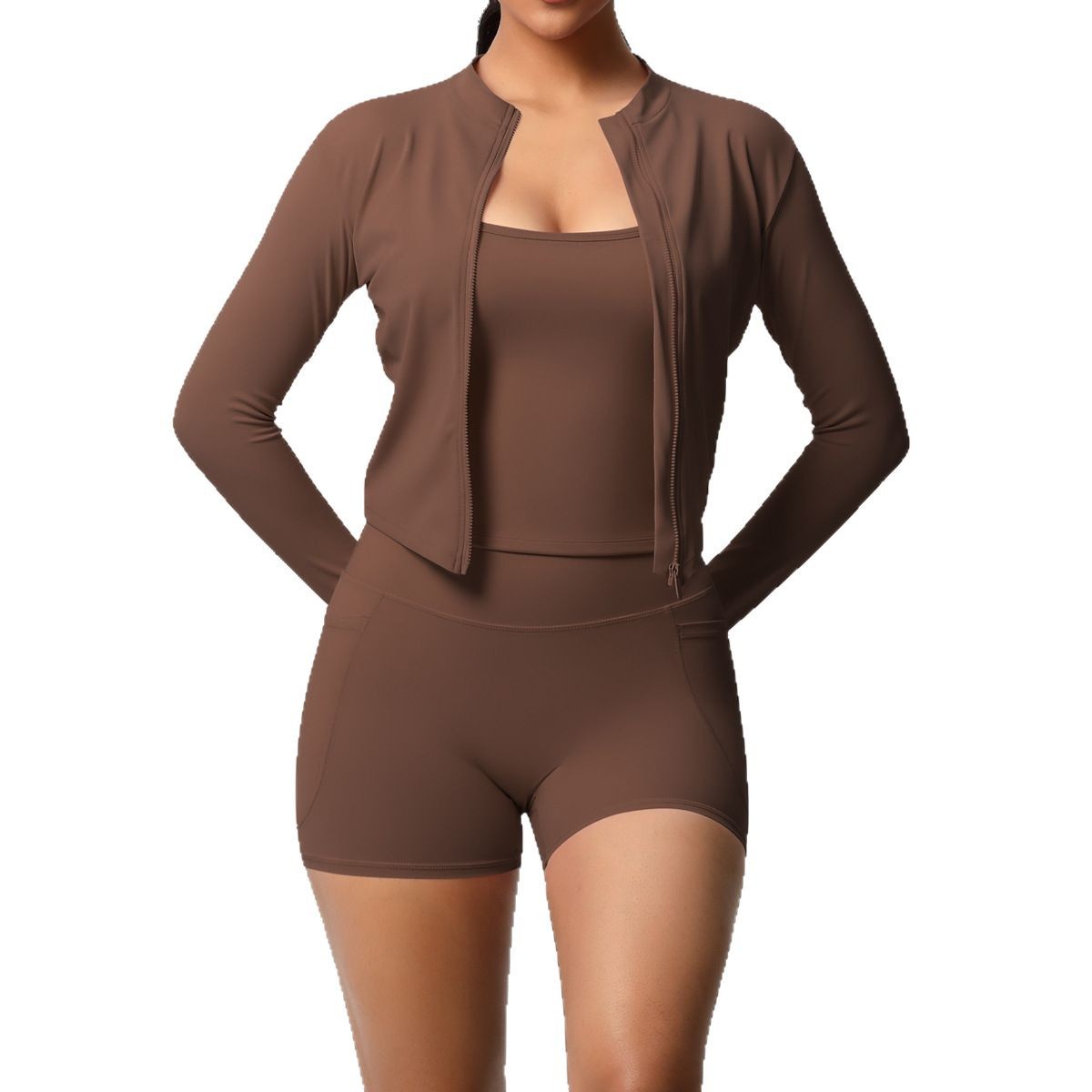 Nuevo chaleco desnudo transfronterizo, ocio al aire libre, ropa de fitness ajustada, pantalones cortos de bolsillo, ropa de yoga, traje deportivo de tres piezas