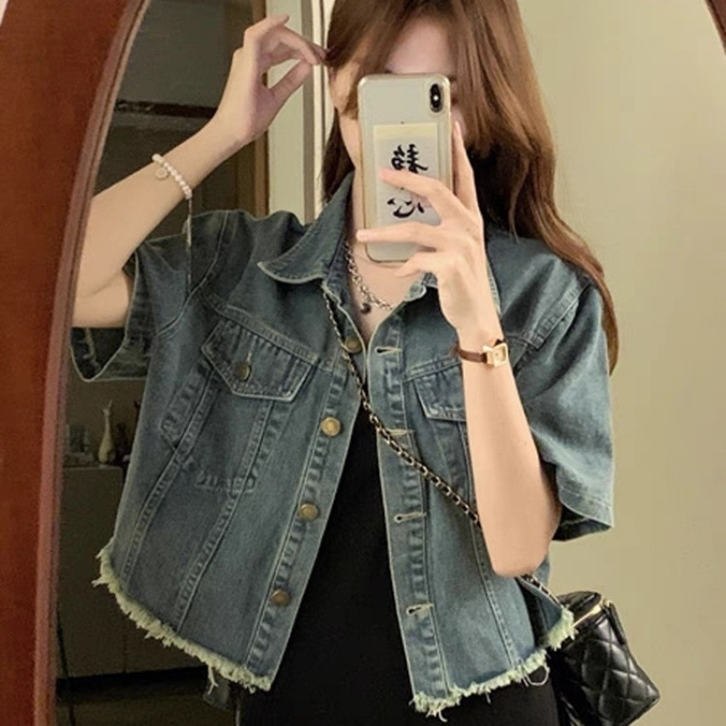 Old-fashioned short-sleeved Denim coat women's summer new short high-waisted top French retro slimming jacket trendy