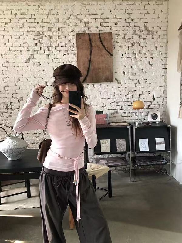 韩系辣妹斜肩设计感长袖t恤女2025秋季新款收腰修身显瘦腰绳上衣|undefined