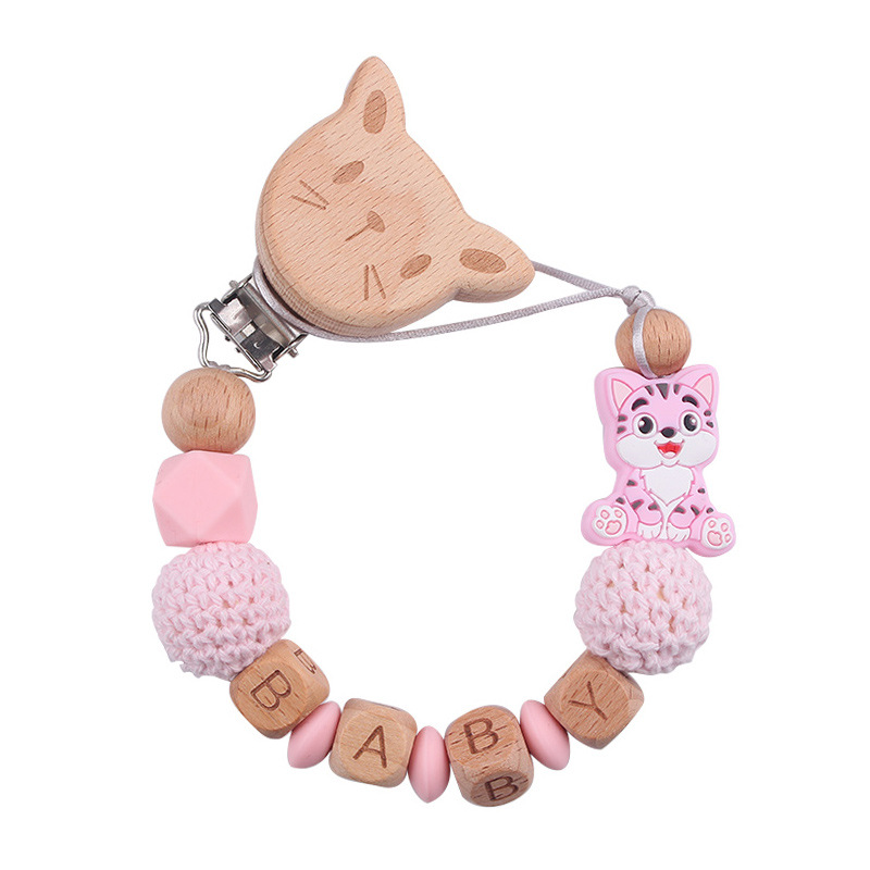 Nuevo bebé gato clip de chupeta de madera de haya dibujos animados juguetes de silicona para gatos calmar bebés chupeta cadena anti-caída cadena