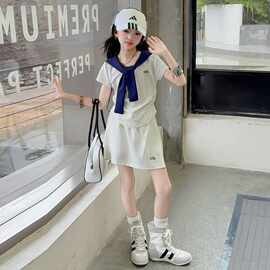 女童夏季休闲短袖两件套新款女孩韩系披肩恤短裙套装儿童运动服