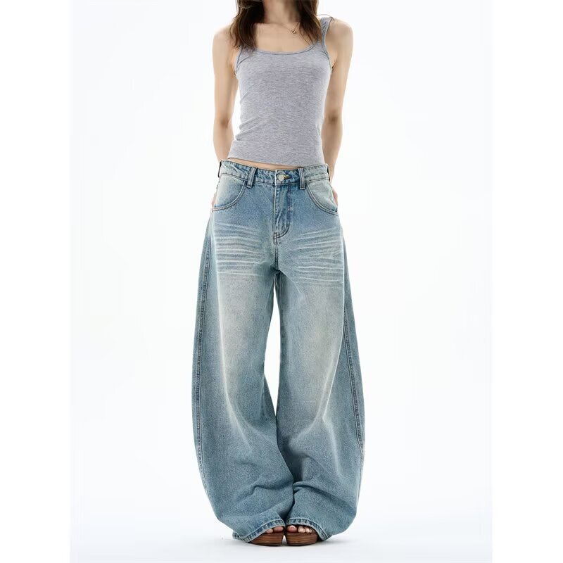 Blue Low-Waist Wide-Leg Jeans for Women Spring and Autumn New Loose Street Boyfriend Style Drapey Versatile Slimming Straight Pants