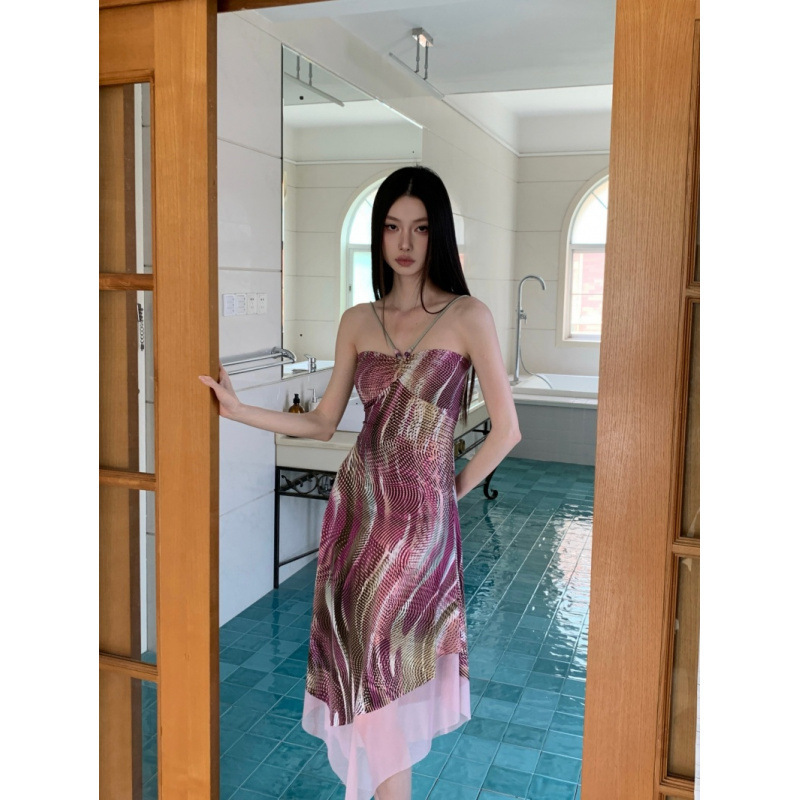 Real Shot of In-Stock Psychedelic Print Hippie-Style Tie-Up Beaded Irregular Strap Backless Dress for Women Summer