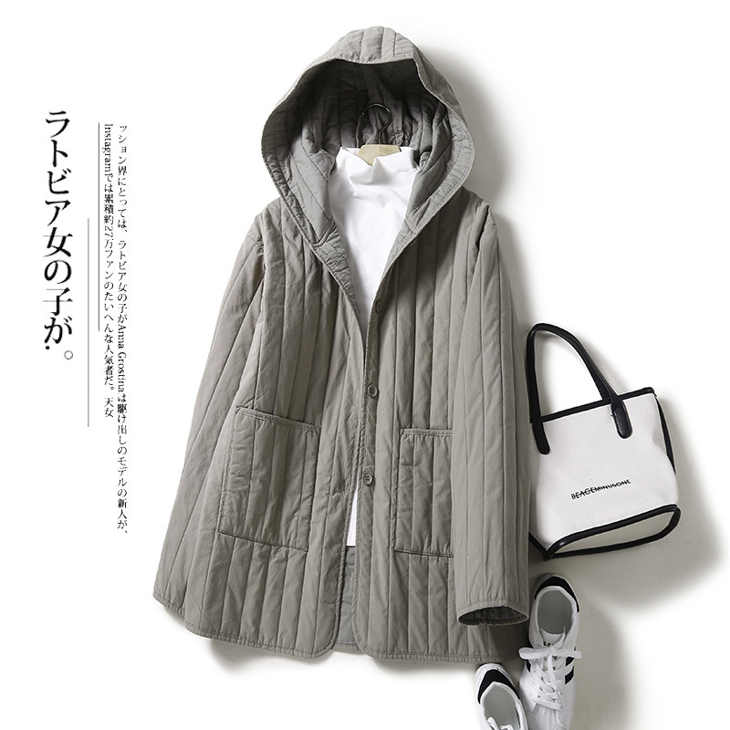 Thin fashionable pit quilted solid color loose long hooded down cotton-padded jacket women's 2024 new autumn and winter Thin fashionable pit quilted solid color loose long hooded down cotton-padded jacket women's 2024 new autumn and winter