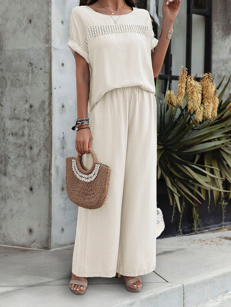 455g Weight Half Sleeve, Half Sleeve Sleeve Length Spandex, Polyester Fabric Type Low Waist Waist Line Short Top Length Pant Co-ord Set, Pant Co-ord Set Sets Type 2 Pieces Set Quantity Casual, Daily Occasion Round Neck, Round Neck Neckline Loose, Loose Fit Type Stripe, Solid Color Pattern Summer, Spring, Autumn Season Women's Gender Hollow Out Design Streetwear, Streetwear Style Apricot Color KaiKuO Women's Fashion Independent Station 2024 Spring Summer Export Casual Fashion Solid Color Short Sleeve Long Pants Hollow Out Set 16