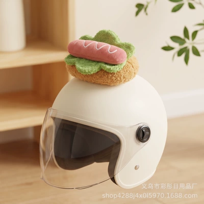 Helmet decoration: 3D plush stuffed cartoon accessories like sandwich, hamburger, cake, and cat ears (Motosiklet dəbilqələri) - individually-packaged-hot-dog-helmet-accessory