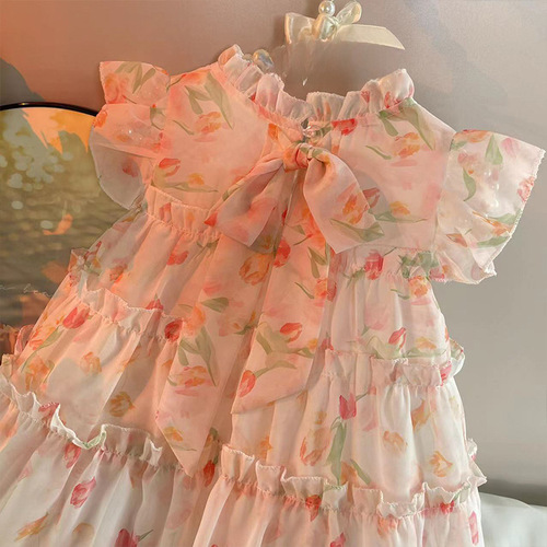 Little Girls' Dress 2024 Summer New Children's Fashion Floral Skirt for Pre-school Girls Baby Fairy Dress