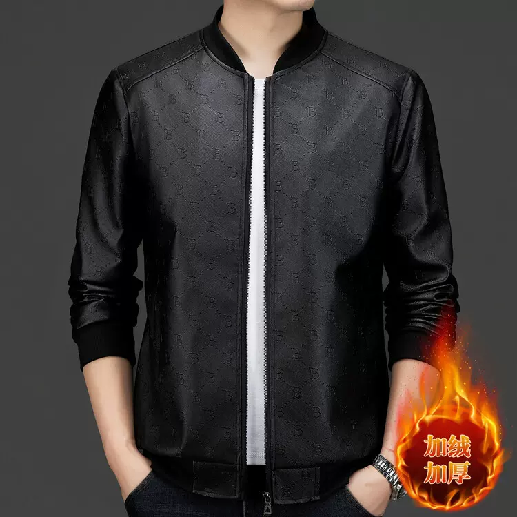 男士皮衣秋冬季加绒防风保暖夹克外套时尚印花立领皮衣夹克外套男