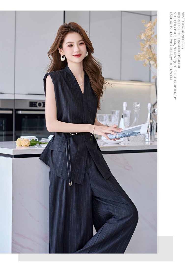Bộ vest nữ không tay quần ống rộng cao cấp mùa hè 2025 – Áo khoác vest không tay kết hợp quần ống rộng hai mảnh HR1170 — Màu đen, Màu trắng be chi tiết 26