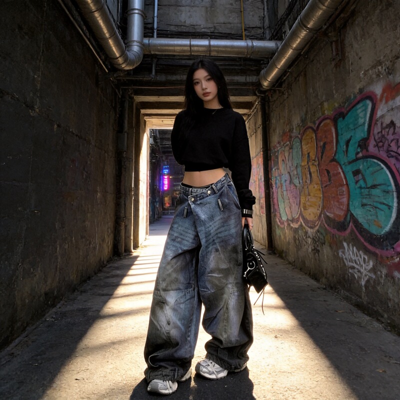 Cross-border American vibe plus size Washing Dirty Machete Jeans Women's Street Design Sense Loose Slim Mopping Long