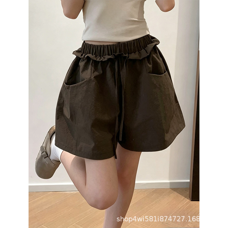 Brown pleated waist shorts for women, summer high-waisted loose casual slimming breathable lightweight wide-leg three-quarter pants