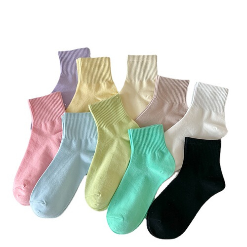 White socks women's mid-calf cotton socks ins trendy summer thin solid color Japanese candy-colored socks women's summer cream