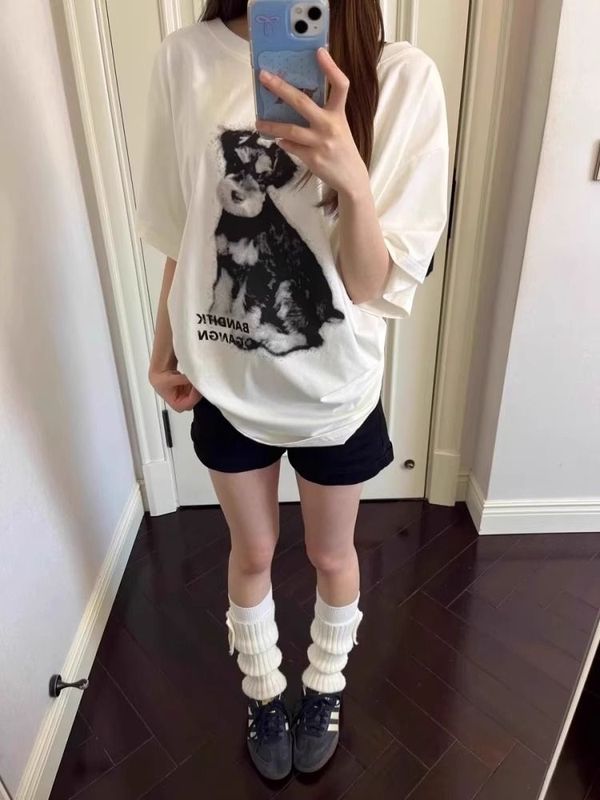 アメリカンホットガール子犬プリントオフショルダー半袖Tシャツレディース夏ルーズカジュアルレイジーオフショルダーオールマッチトップ|undefined