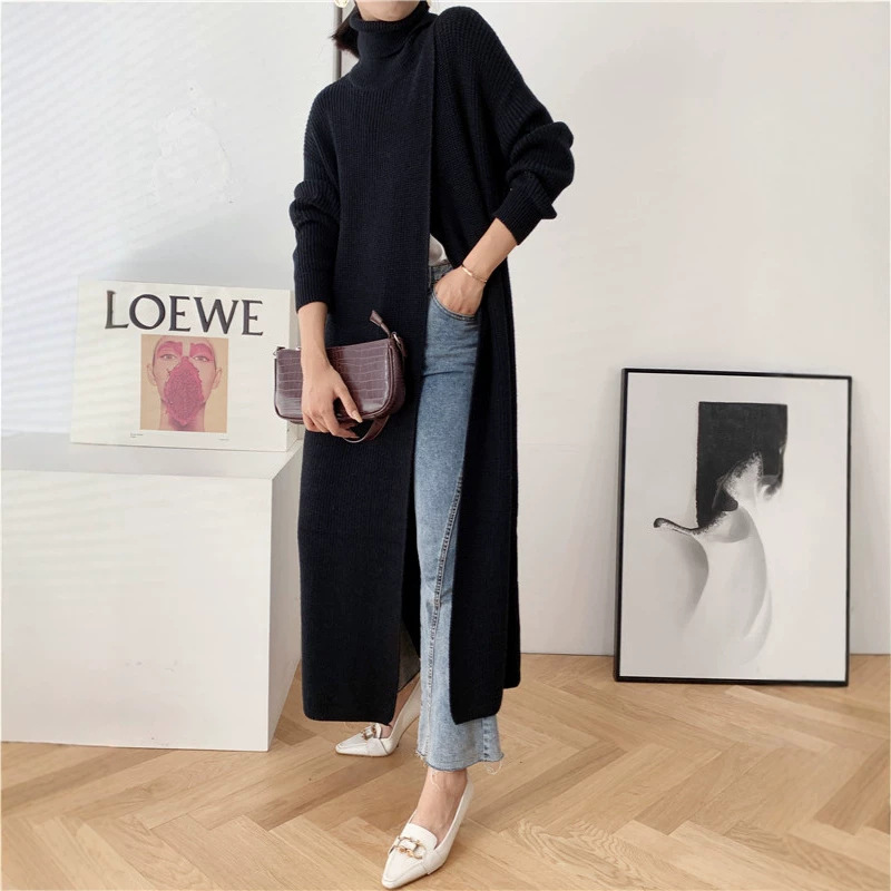 Autumn and winter elegant long knitted turtleneck sweater dress with slit, solid color, slimming, long-sleeved, pullover style Autumn and winter elegant long knitted turtleneck sweater dress with slit, solid color, slimming, long-sleeved, pullover style