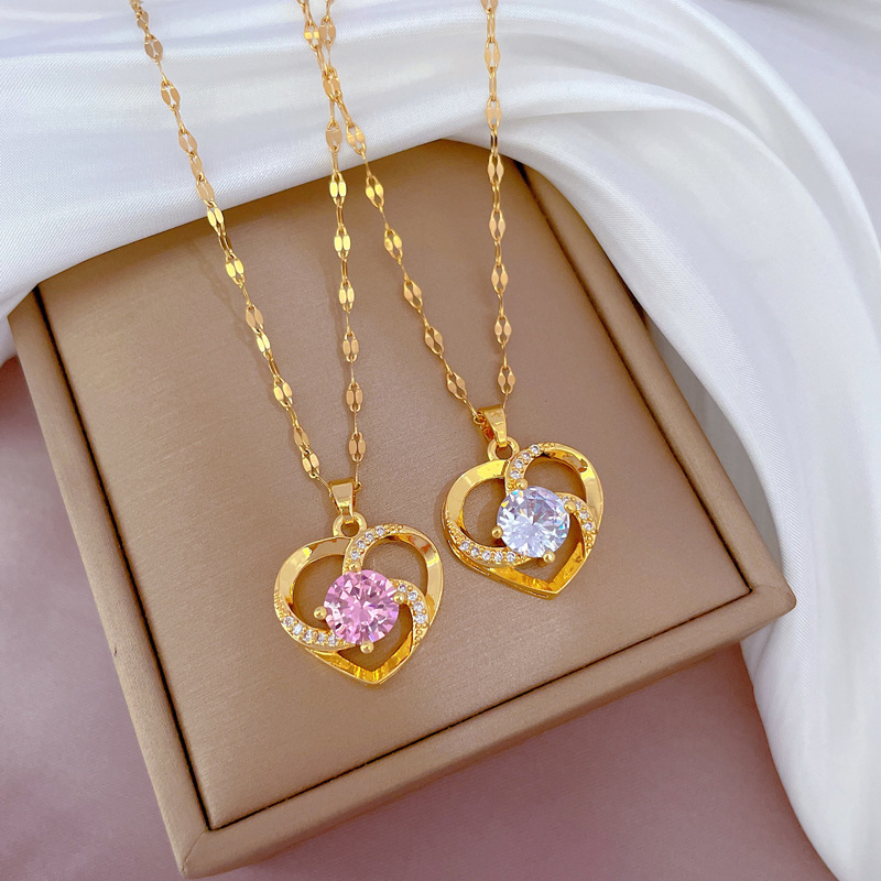 Fashion Heart Shape Stainless Steel Inlay Artificial Diamond Pendant Necklace 1 Piece