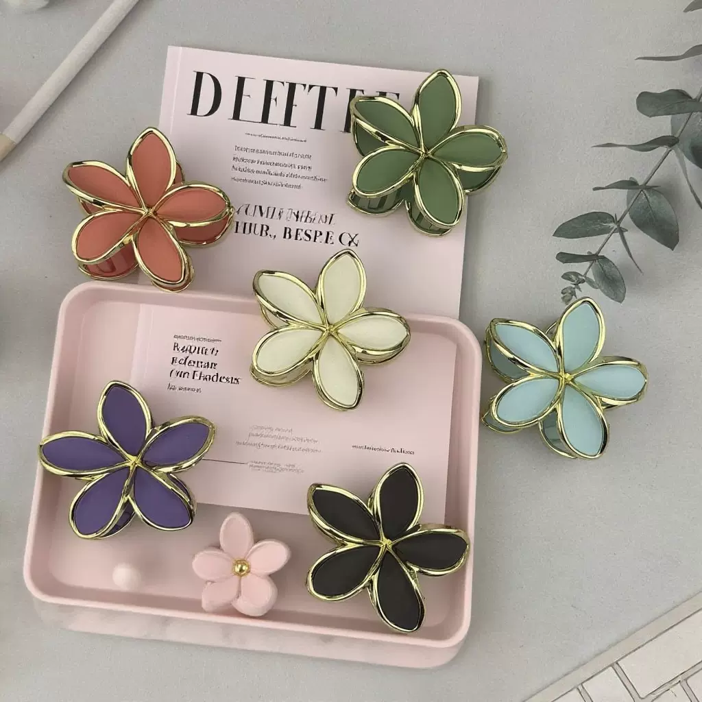 跨境热卖烤漆侧边玫瑰花时尚发夹女后脑勺高级感镶嵌甜美抓夹发饰