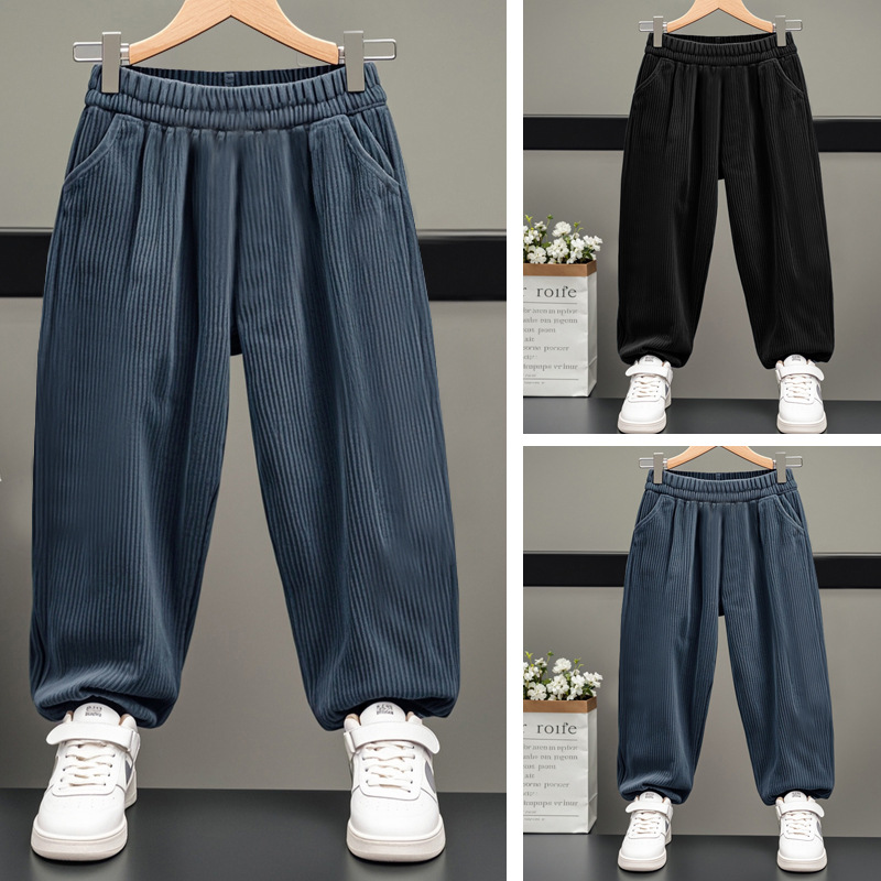 网红炸街潮男童秋冬季加绒加厚雪尼尔一体绒裤儿童灯芯绒束脚裤