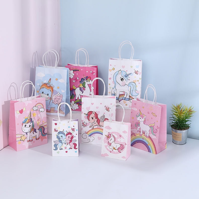 Cartoon unicornio kraft bolsas de mano de regalo de fiesta de cumpleaños de niños bolsas de regalo de jardín de infantes al por mayor