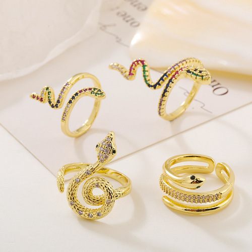 Light luxury, ethnic style, Internet celebrity, creative and personalized snake-shaped ring for men and women, simple colorful zodiac opening