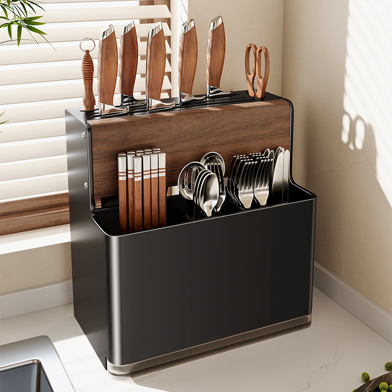 Walnut Wood Storage Kitchen Knife Rack, No-Drill Countertop Wall-Mounted Knife and Chopstick Holder Organizer