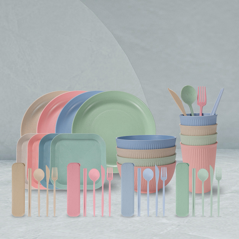 Cross-border Amazon wheat straw tableware dishes and cups set Portuguese knife, fork, spoon and chopsticks portable 36-piece set