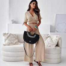 2025秋季新款欧美跨境货源亚马逊纯色五分袖长裤套装女PJ0112