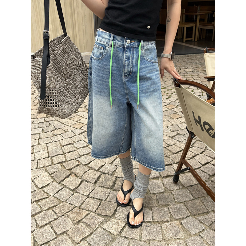 Icciicc American-Style Casual Denim Cropped Pants Summer Color-Block Washed Wide-Leg Capri Pants for Women 10947