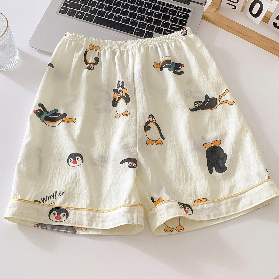 2024 nuevo suelto pingüino nubes algodón tres piezas de verano delgado mangas cortas pantalones cortos pantalones largos set de ropa para el hogar