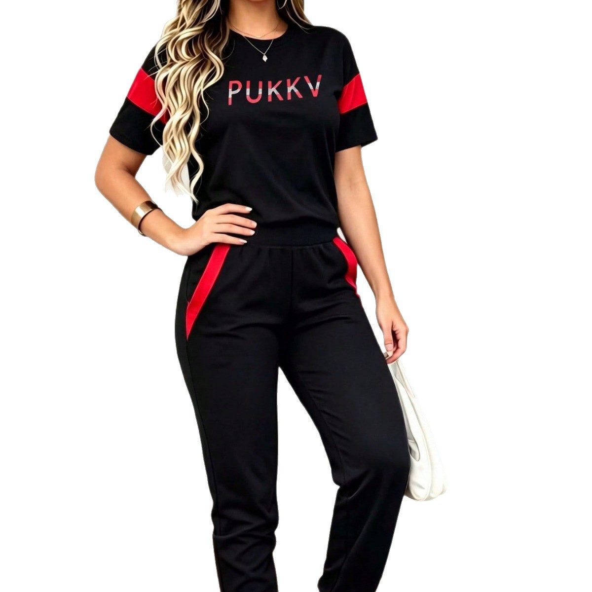 Women's Sporty Color Block Letter Print Top with High Waisted Trousers Casual Set Spring/Summer Short Sleeved Pant Outfit_ecoleips.com