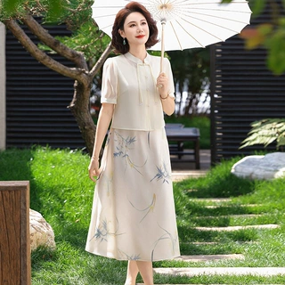 妈妈夏装套装国风连衣裙2025新款中老年女夏季短袖雪纺裙子两件套