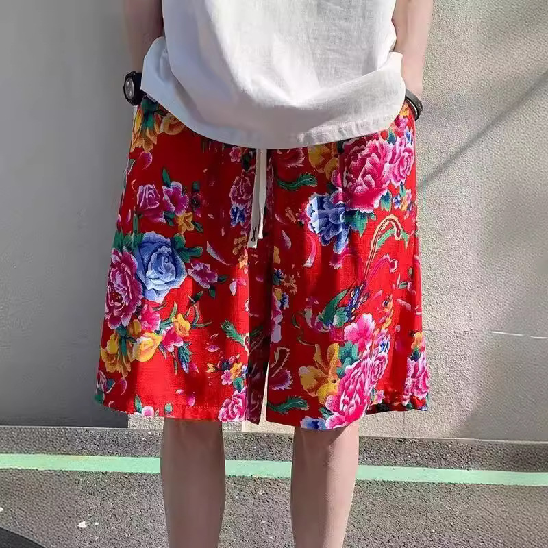 Northeast Big Flower Cloth Summer Casual Thin Men's and Women's Couple's Home Loose Shorts Wide-leg Big Pants Men's Five-point Pants