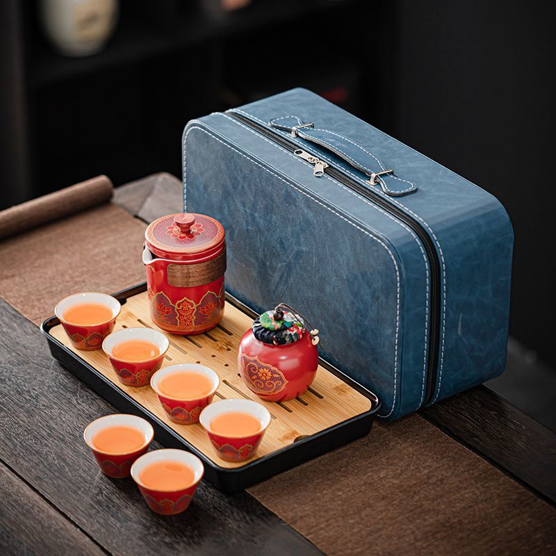 레드/고대 리듬 한 냄비 여섯 컵 + 차 트레이/블루 가방