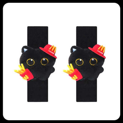 Happy Cute Little Black Cat Delivery Seat belt shoulder pad - two-little-black-cat-takeaway-man-black-crystal-velvet-shoulder-cover