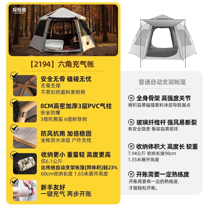 速开六角充气帐篷户外野营过夜露营便携式折叠防雨|undefined
