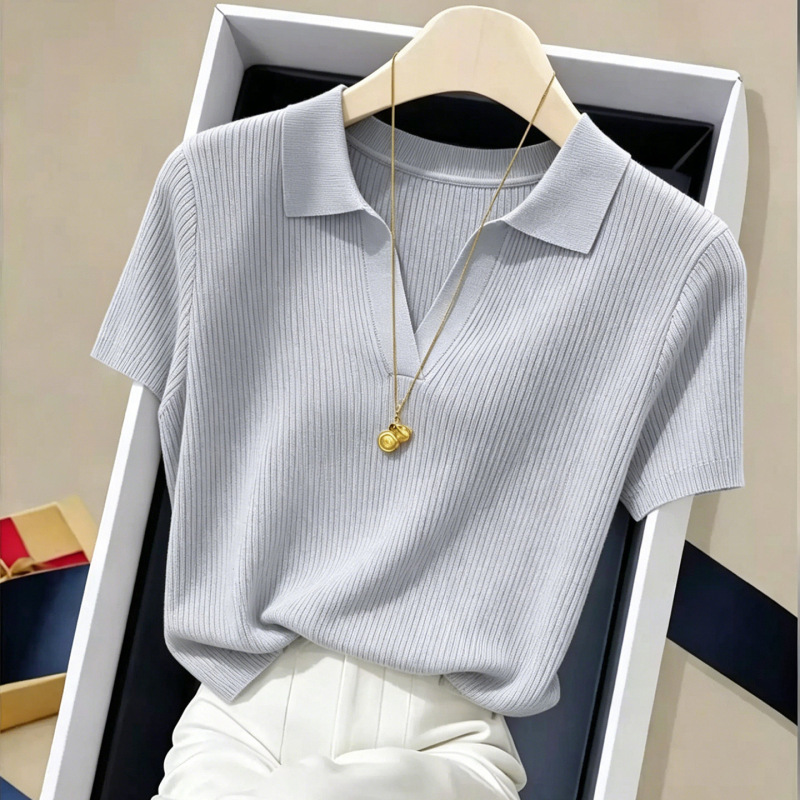 Simple Commuter Style Polo Collar Knitted Short-Sleeved T-Shirt for Women Plus Size Fat mm Women's Summer Thin Shirt Top 11851