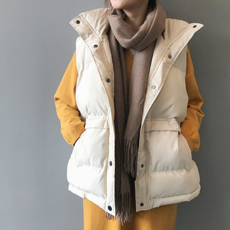 Chaleco de plumón para estudiantes, estilo coreano, corte holgado, chaqueta corta acolchada de otoño-invierno 2025 con cuello vuelto.