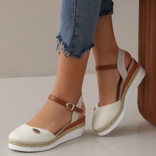 2024 Summer New Foreign Trade plus size Baotou Rear Empty Wedge Sandals Women's Hemp Rope Bottom Buckle Thick Women's Sandals