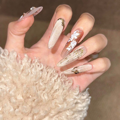 長杏仁蕾絲玫瑰穿戴甲甜酷晶石貓眼可拆卸長款成品美甲