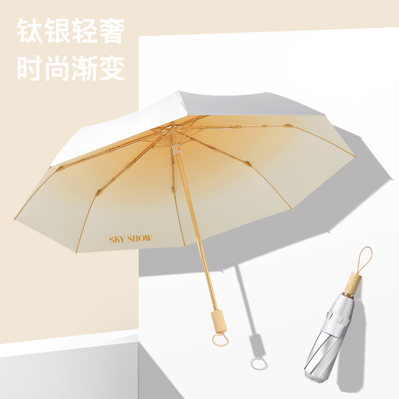 8-bone small fresh gradient color three-fold titanium silver glue sunscreen sun umbrella women's personalized creative sunny solid wood umbrella