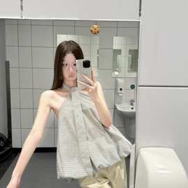 设计感条纹领带挂脖背心女夏季别致显瘦百搭露肩辣妹上衣