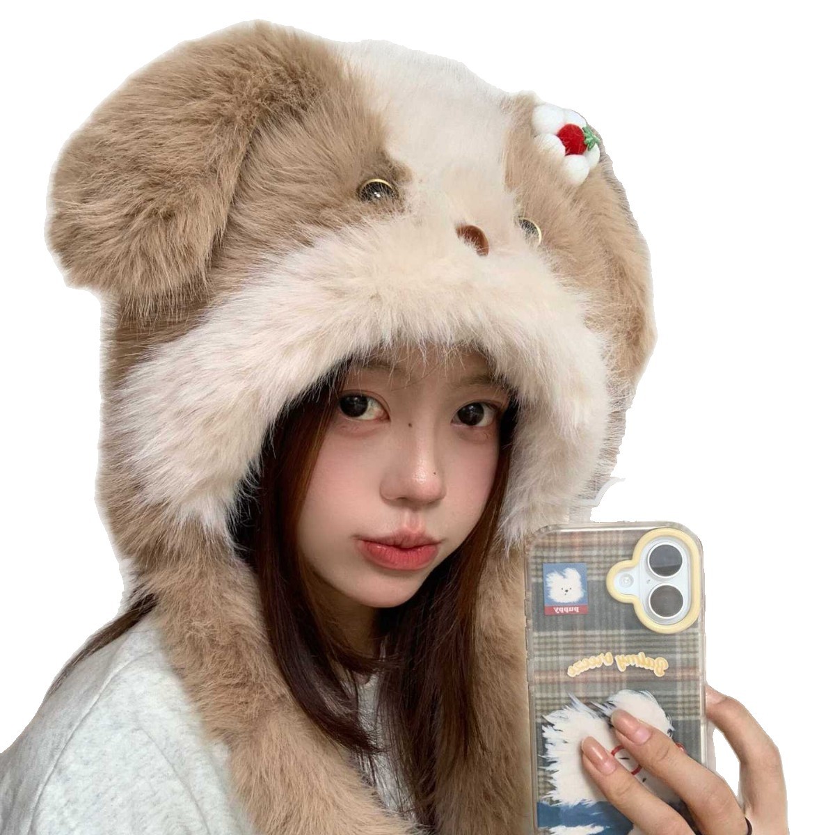 여성 겨울 강아지 귀달이 모자 목도리 일체형 보온 털모자
