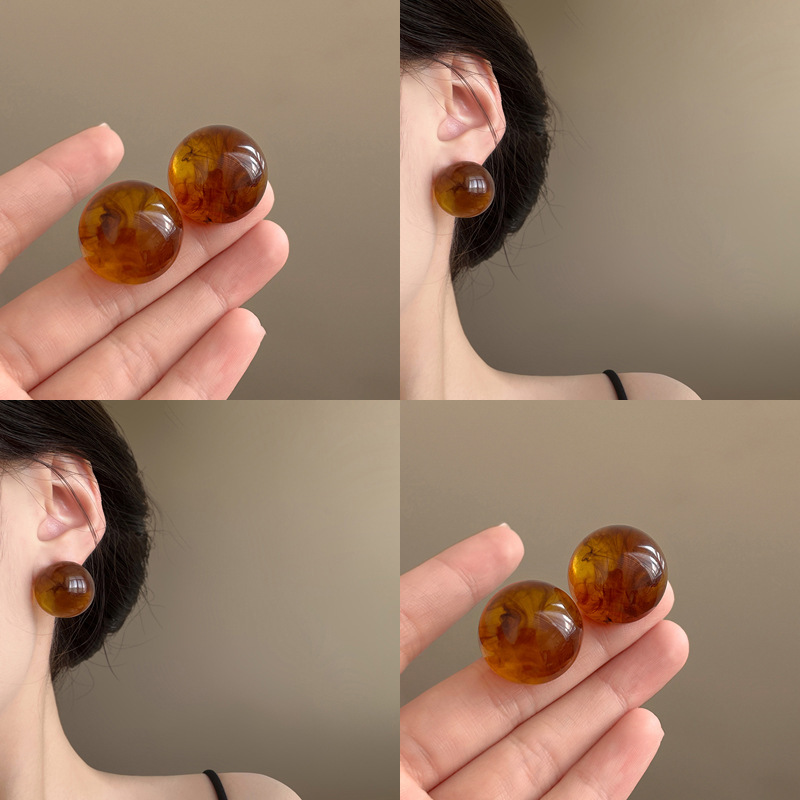复古树脂圆形耳环小众简约设计高级感耳钉时尚休闲风气质百搭耳饰|undefined
