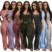 2026新跨境欧美亚马逊复古修身一体式流苏女式休闲连体裤jumpsuit