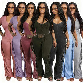 2026新跨境欧美亚马逊复古修身一体式流苏女式休闲连体裤jumpsuit