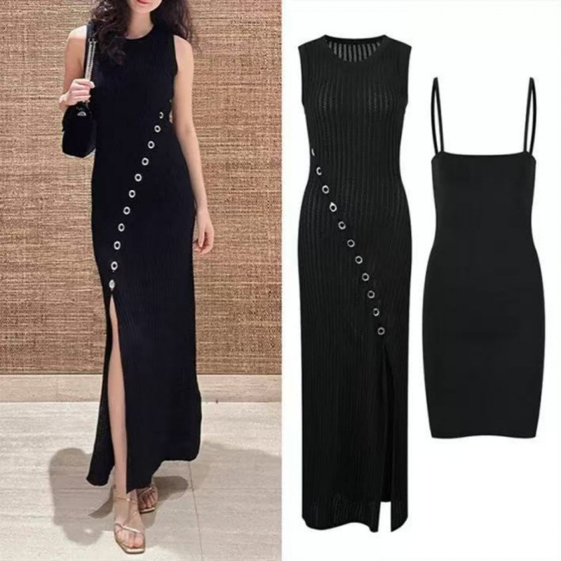 Balmain Gina Spring and Summer New Black High-Waisted Slit Knitted Dress + Inner Camisole Dress